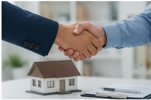 Apretón de manos tras cerrar un acuerdo, con una maqueta de vivienda