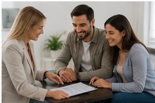 Agente inmobiliario acompañando a sus clientes en la firma de la operación