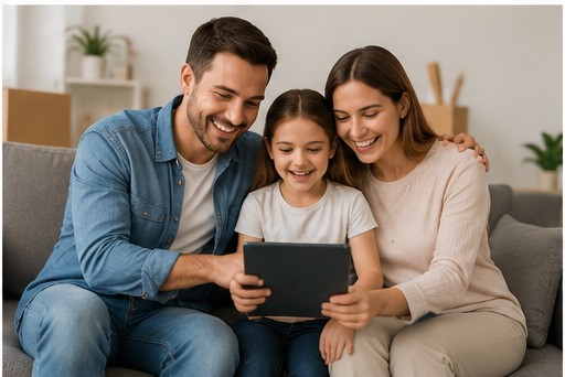 Familia calculando su hipoteca desde casa