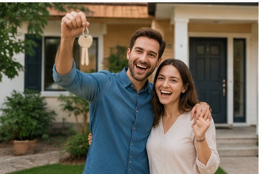 Pareja sonriente con las llaves de su nueva vivienda