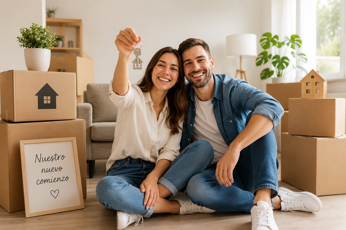Pareja feliz con las llaves de su nueva vivienda